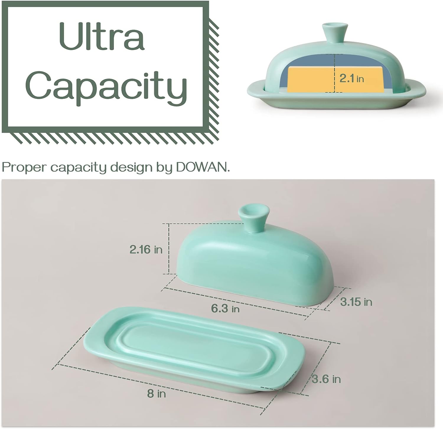 DOWAN Ceramic Butter Dish with Lid for Countertop, Butter Container with Knob Handle & No Slip Cover, Farmhouse Butter Dish for East/West Coast Butter, Dishwasher Safe, Light Blue
