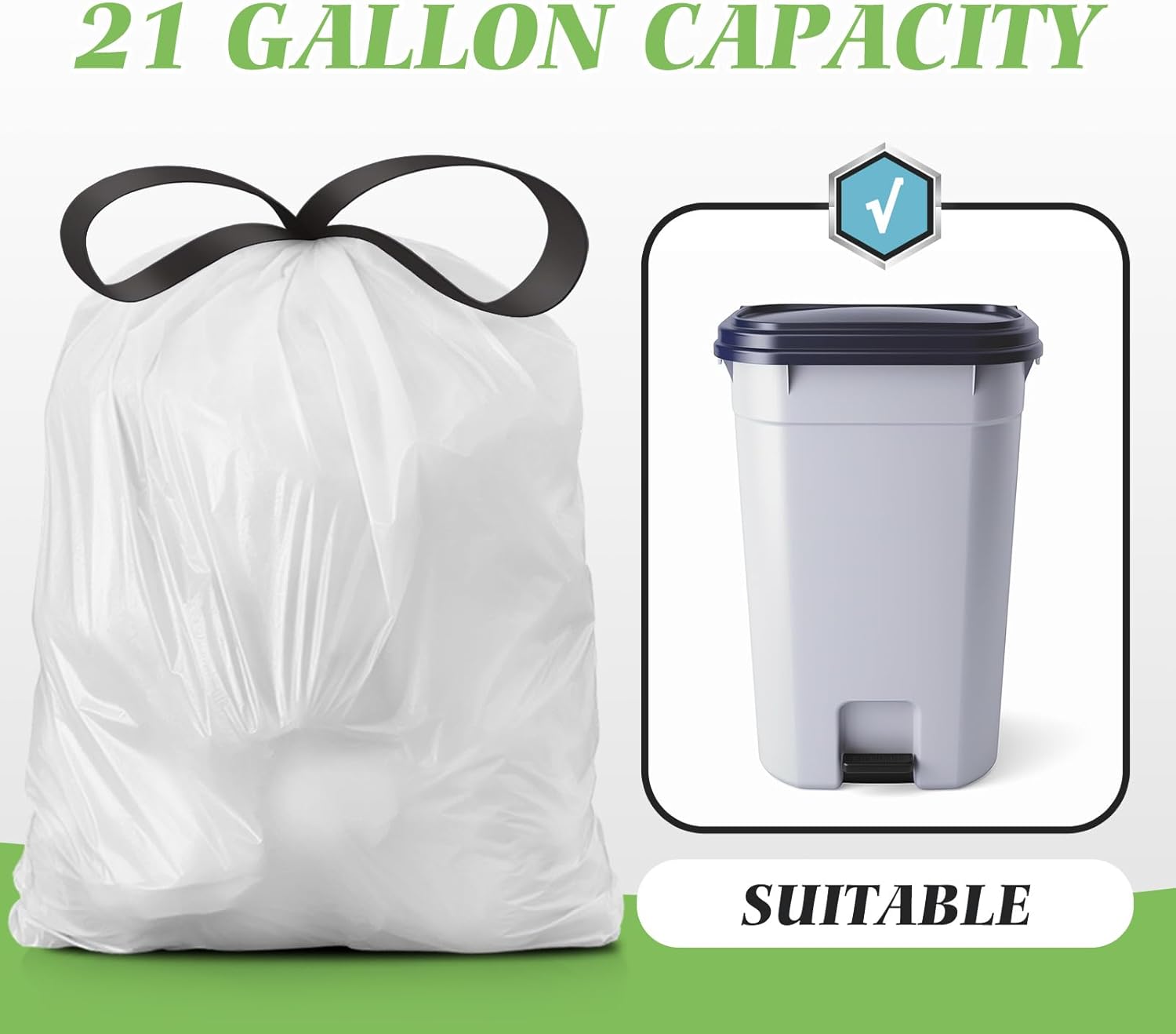 21 Gallon 120 Counts Strong Drawstring Trash Bags Garbage Bags by Teivio, Bathroom Trash Can Bin Liners, Plastic Bags for home office kitchen, White