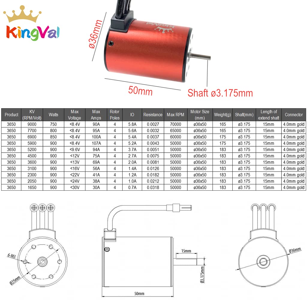 KingVal Replacement 3650 4500KV Waterproof Brushless Motor Shaft 3.175mm with 60A Brushless ESC Compatible with 1/10 RC Car