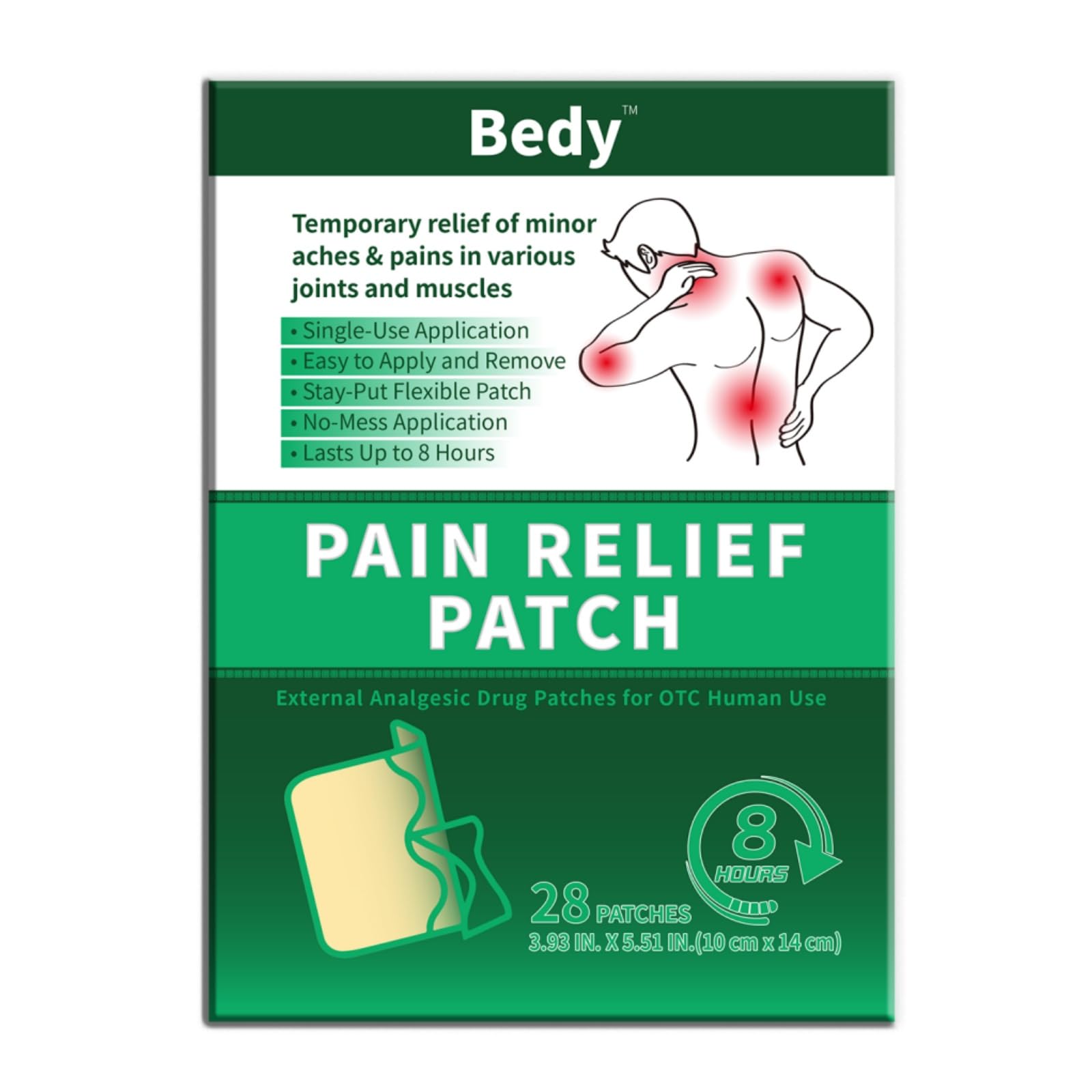 Bedy 28 Count Large Pain Relief Patches, 3.9” x 5.5”, for Back, Neck, Shoulder, Joint & Muscle Soreness, Hot & Cold Therapy, 8 Hour Pain Relief