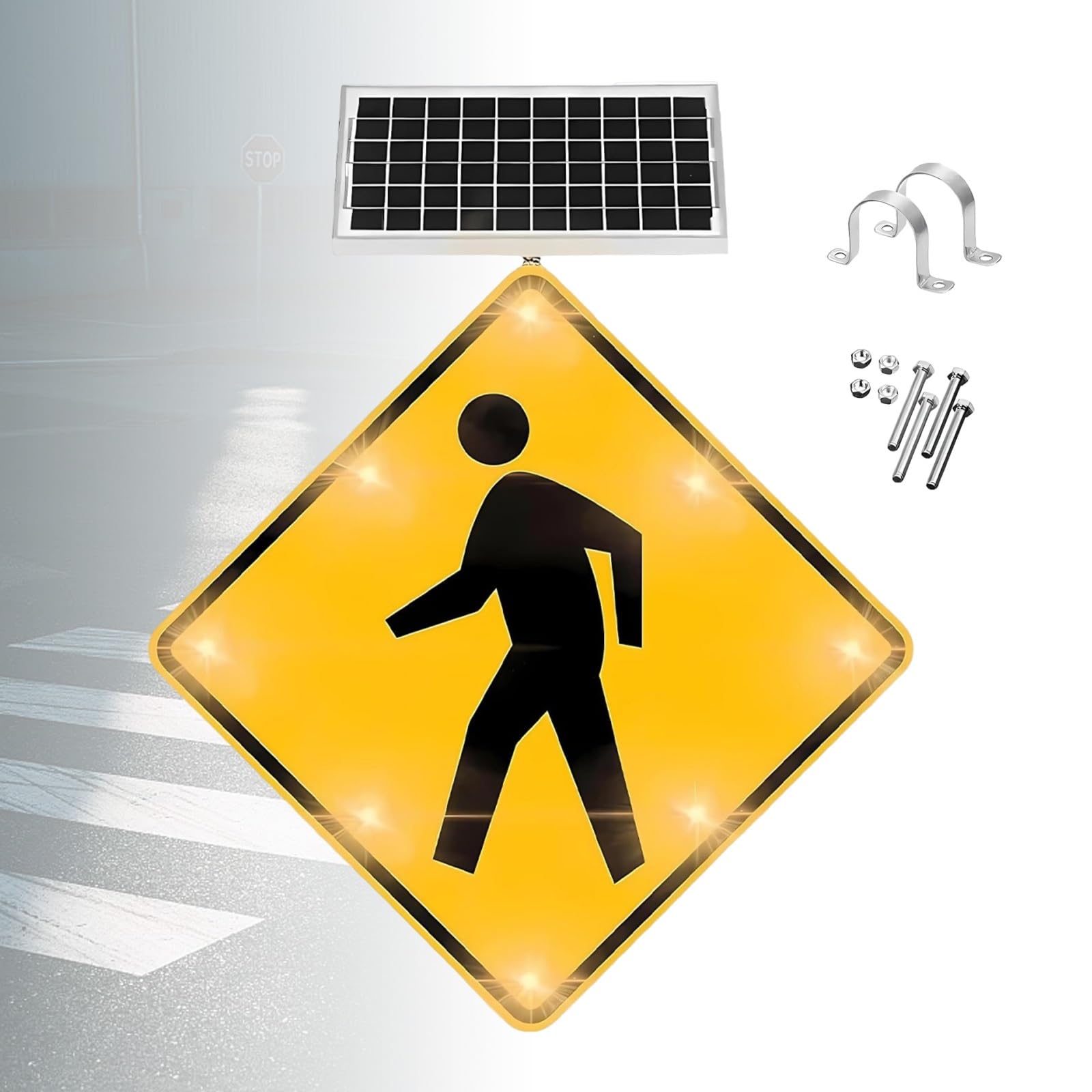24"/32" Solar Pedestrian Sign - High Intensity LED Flashing Crosswalk Warning, 2600ft Visibility Engineering Grade Reflective, Smart Dusk-to-Dawn Sensor Aluminum Equipment(24in)