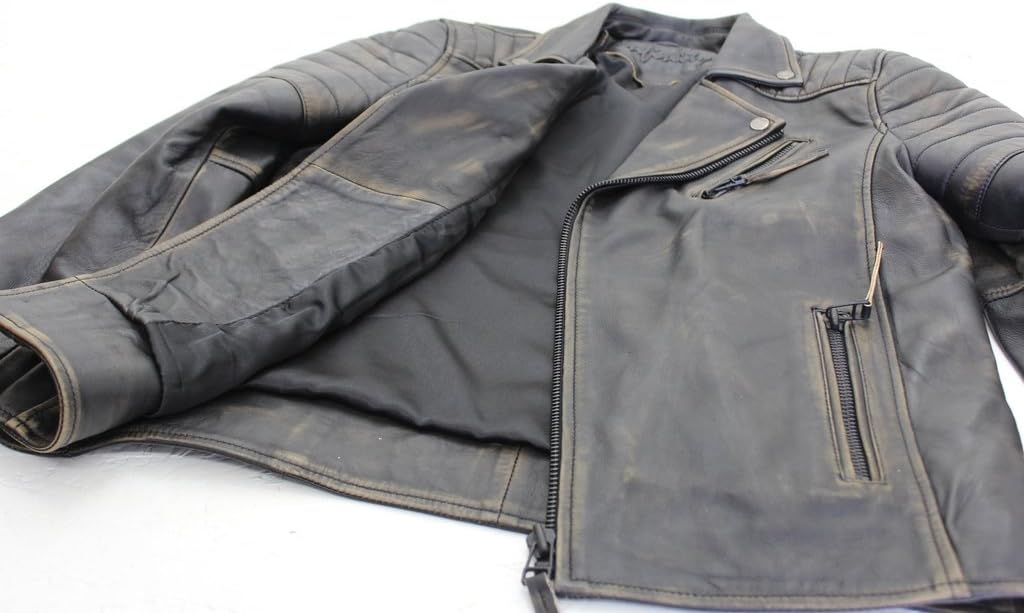 Men's Black Slim Fit Cross Zip Vintage Brando Leather Biker Jacket