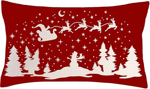 PSDWETS Fundas de almohada lumbar de Navidad, 12 x 20 pulgadas, decoraciones navideñas de Papá Noel y muñeco de nieve, funda de almohada roja para