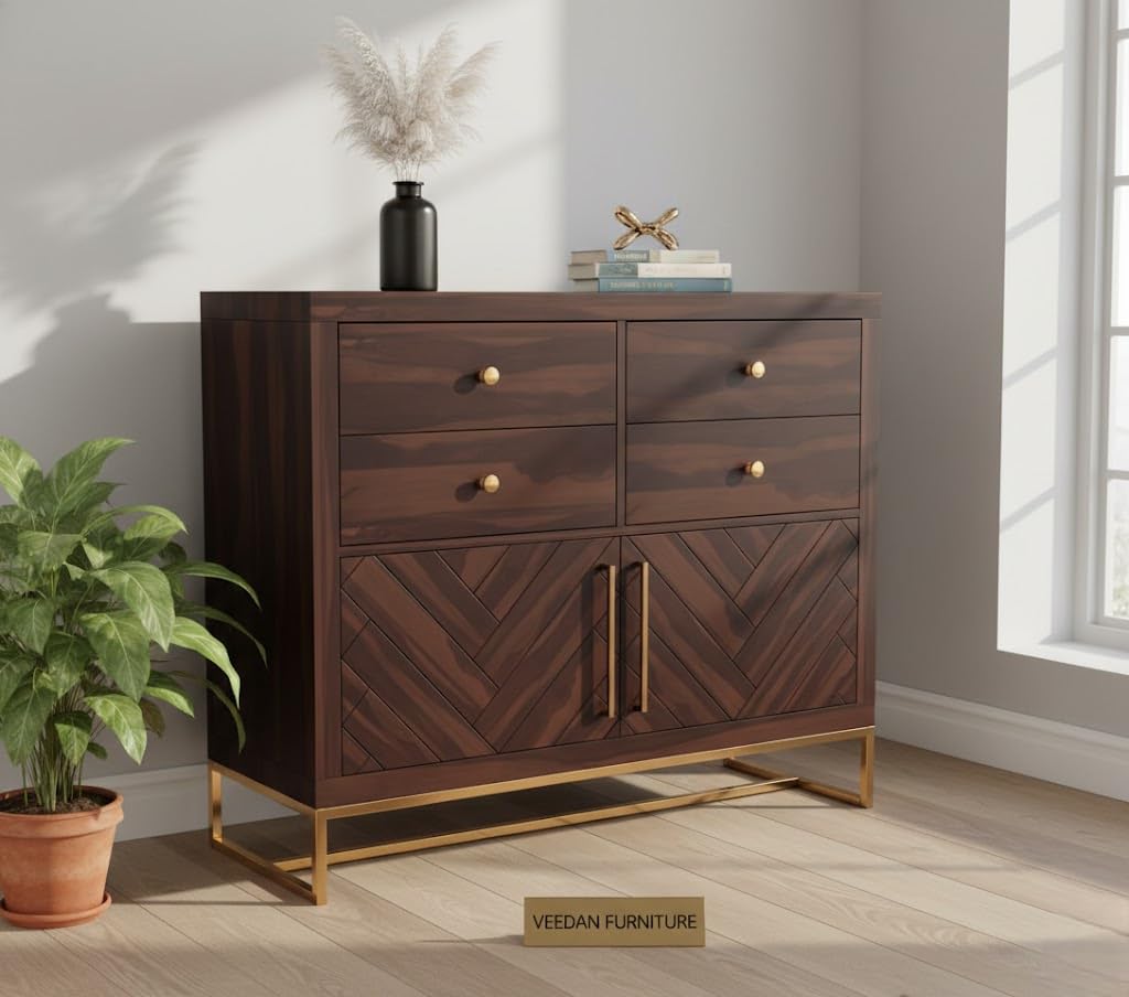 Solid Sheesham Wood Sideboard Cabinet with 4 Drawer & 2 Shelves - Chest of Drawers Wooden Drawer Storage Cabinet for Bedroom Living Room Storage (Design 5)-image-36