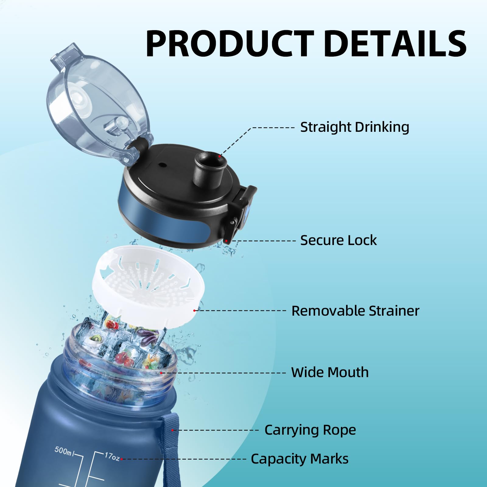 Grsta Drinkfles, 500 ml, drinkfles voor kinderen, waterfles met rietje, motiverende waterfles met tijdschaal, gemakkelijk te reinigen, drinkfles voor herbruikbare drinken, voor school, kantoor