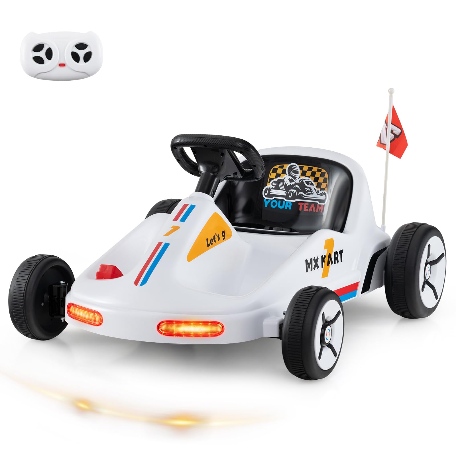 COSTWAY Kids Electric Go Kart, 12V Battery Powered Ride on Racing Toy Car with Remote Control, LED Lights, Music, Wireless Connection, 3 Speeds Pedal Kart for Boys Girls Aged 3+ (White)