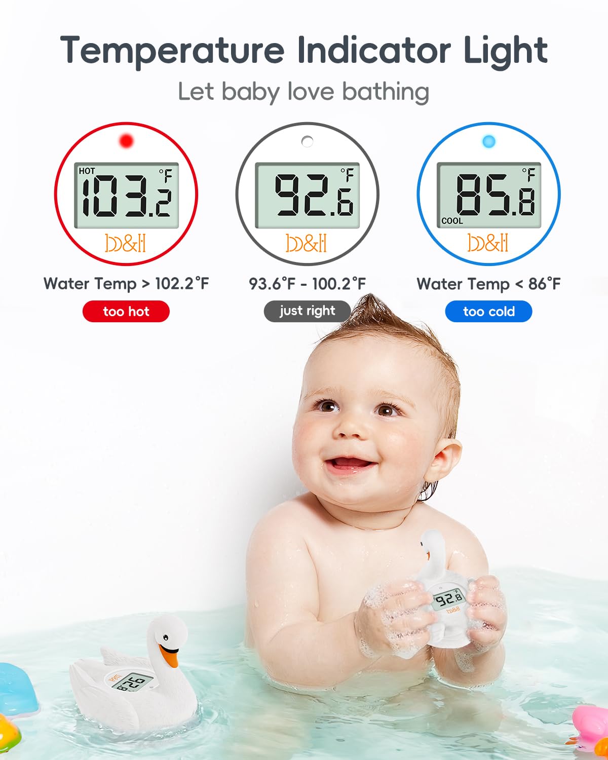 b&h Baby-Badethermometer, weißes Schwanenförmiges Babysicheres, schwimmendes Badethermometer – leicht ablesbarer Bildschirm – zuverlässige Temperaturmessungen, Neugeborene müssen haben und