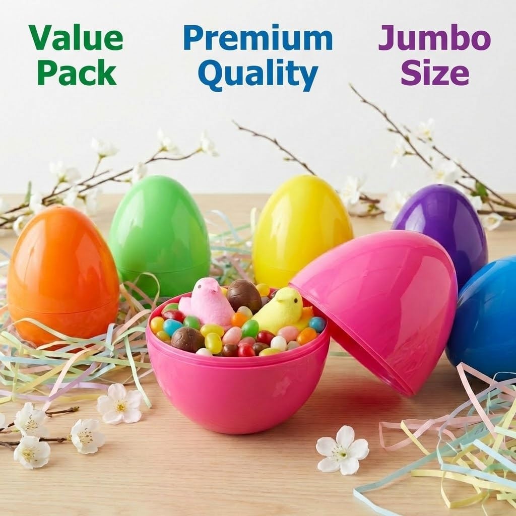 Easter Eggs Decorations Plastic Large: 7 Inch 6 Pack Jumbo Fillable Colorful Bright Easter Egg Hunt Empty Bulk Assortment