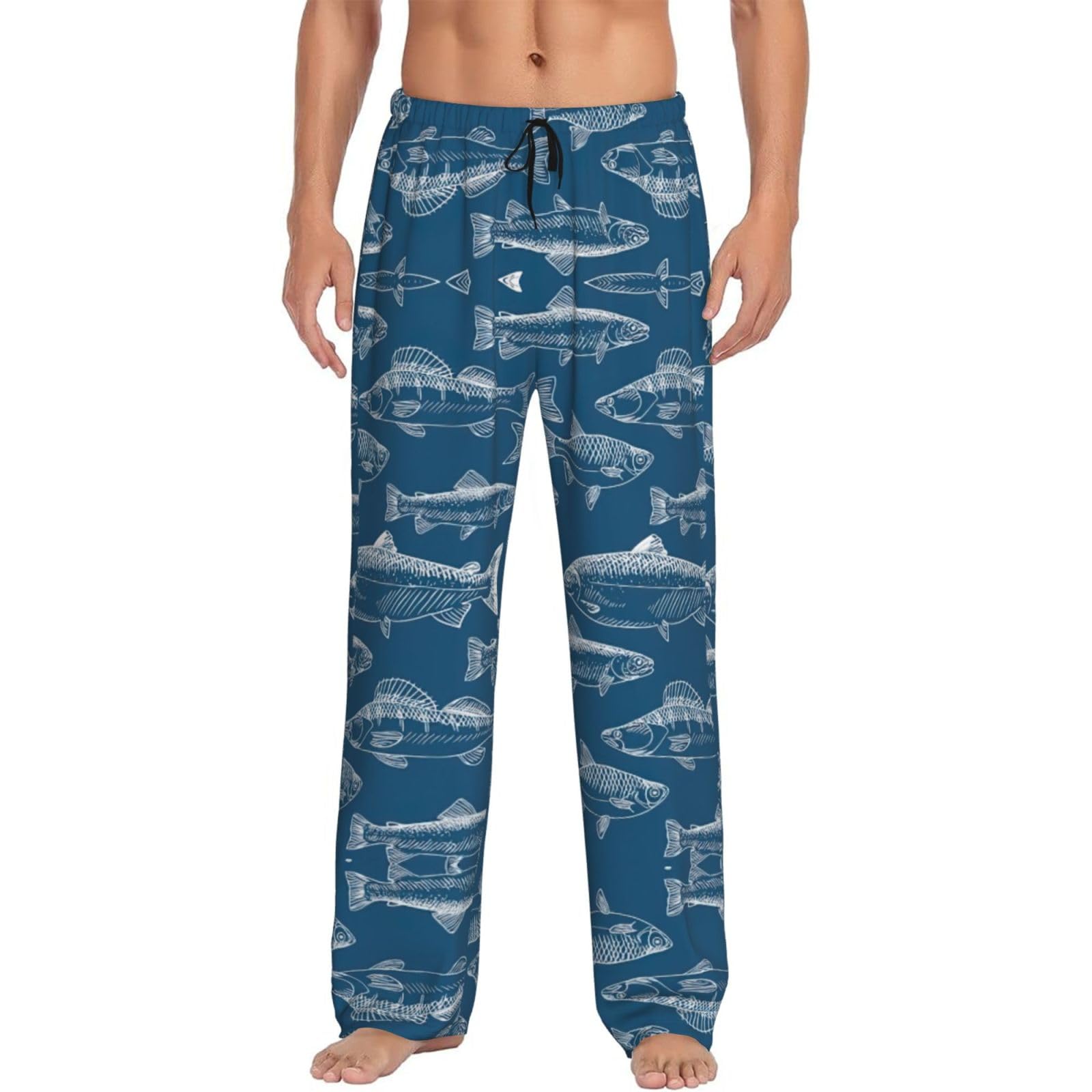 Sdegtho Men's Black Ocean Fishes Pajama Bottom Pants Sleepwear Lounging Relaxed House Pjs Pants With Side Pockets