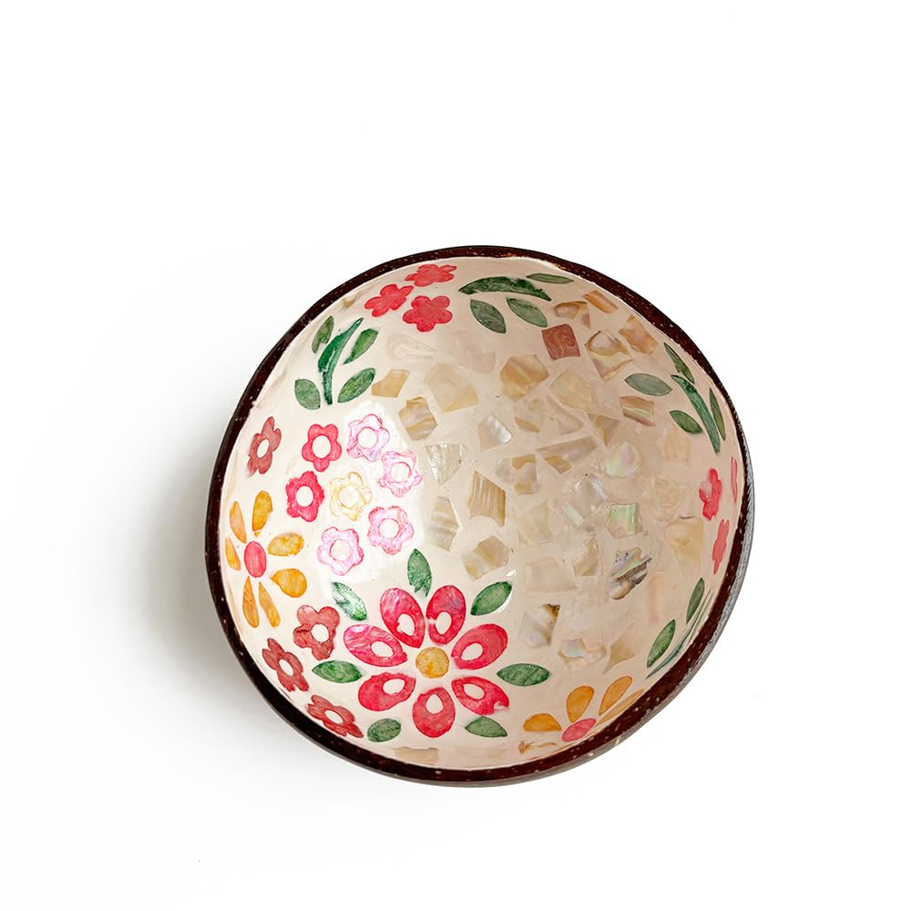 Hiseng Hand Painted Natural Coconut Bowl, Classic Prints Decorative Bowl, Key Bowl for Hallways, Storage Bowl for Jewellery, Nuts, Candy (Saffron, 500 milliliters, 13.5cm x 6cm)