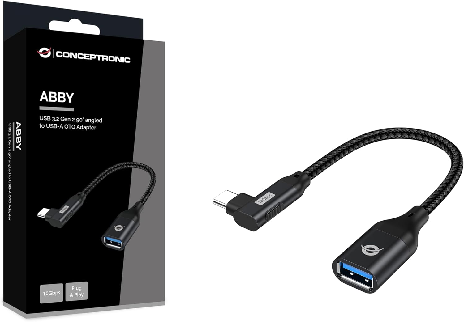 Conceptronic ABBY19B USB-C 90° Angled to USB-A OTG Adapter 10Gbps USB 3.2 Gen 2