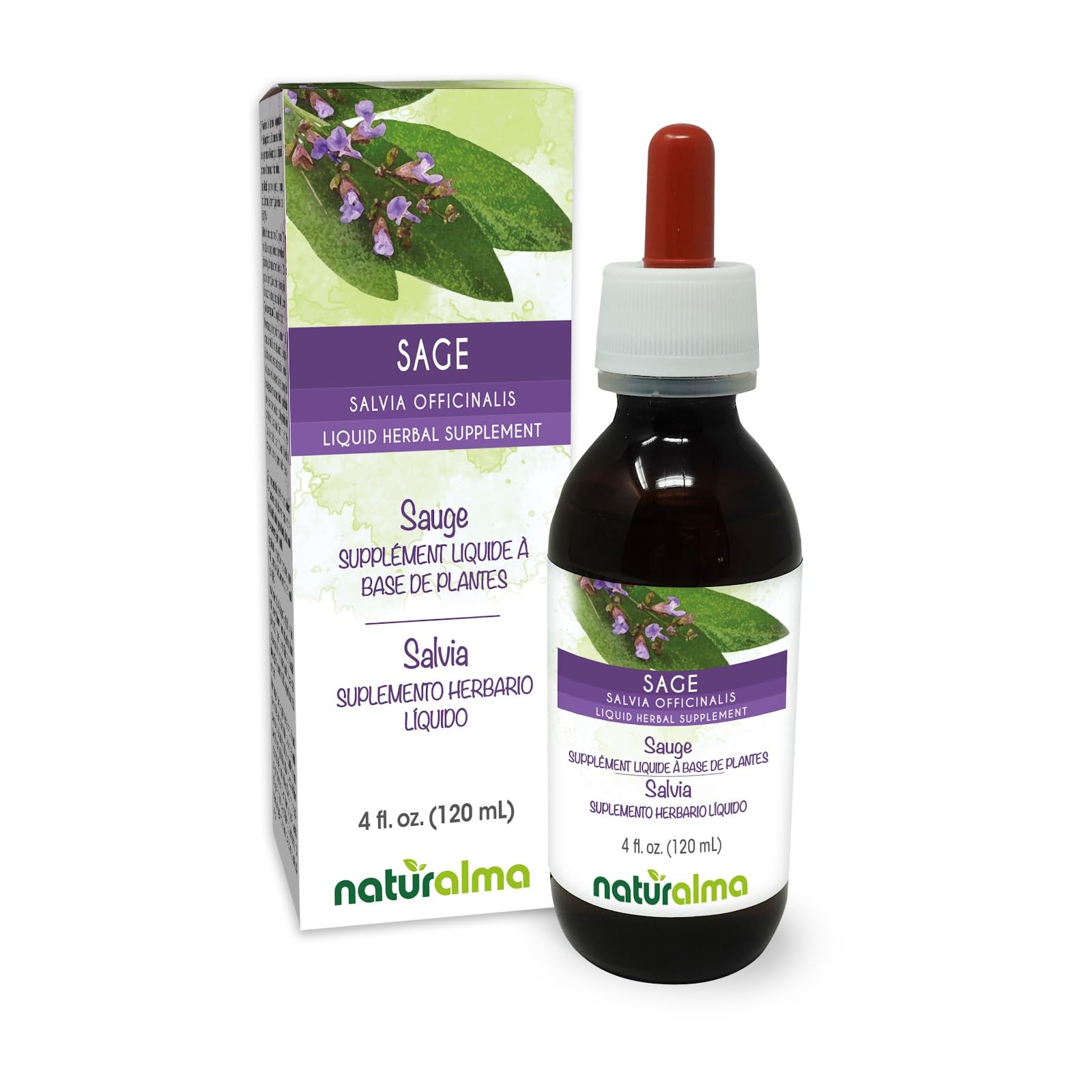 Naturalma Sage (Salvia officinalis) Leaf Alcohol-Free Tincture - 4 fl oz Liquid Extract in Drops - Herbal Supplement - Vegan 4 Fl Oz (Pack of 1)