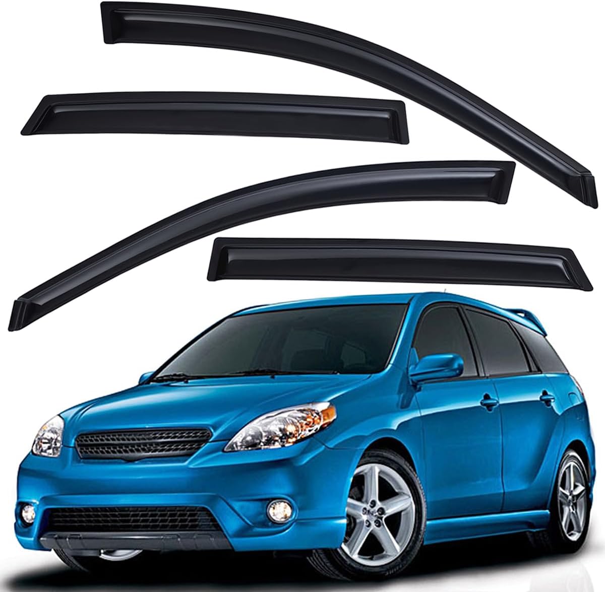 Lightronic Extra Durable Outside Mount Auto Vent Window Visor, Fits 2003-2008 Toyota Matrix Wagon & Pontiac Vibe, UV Protection Rain Guard, Original Wind Deflector, No-Drill Install, Smoke, 4-Pcs