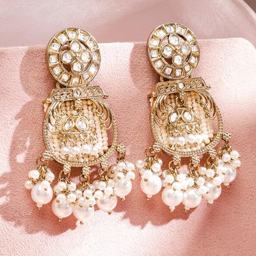 Image of Rubans Long Dangler Earrings Kundan & Pearl Ethnic Jewellery Gift for Women & Girls