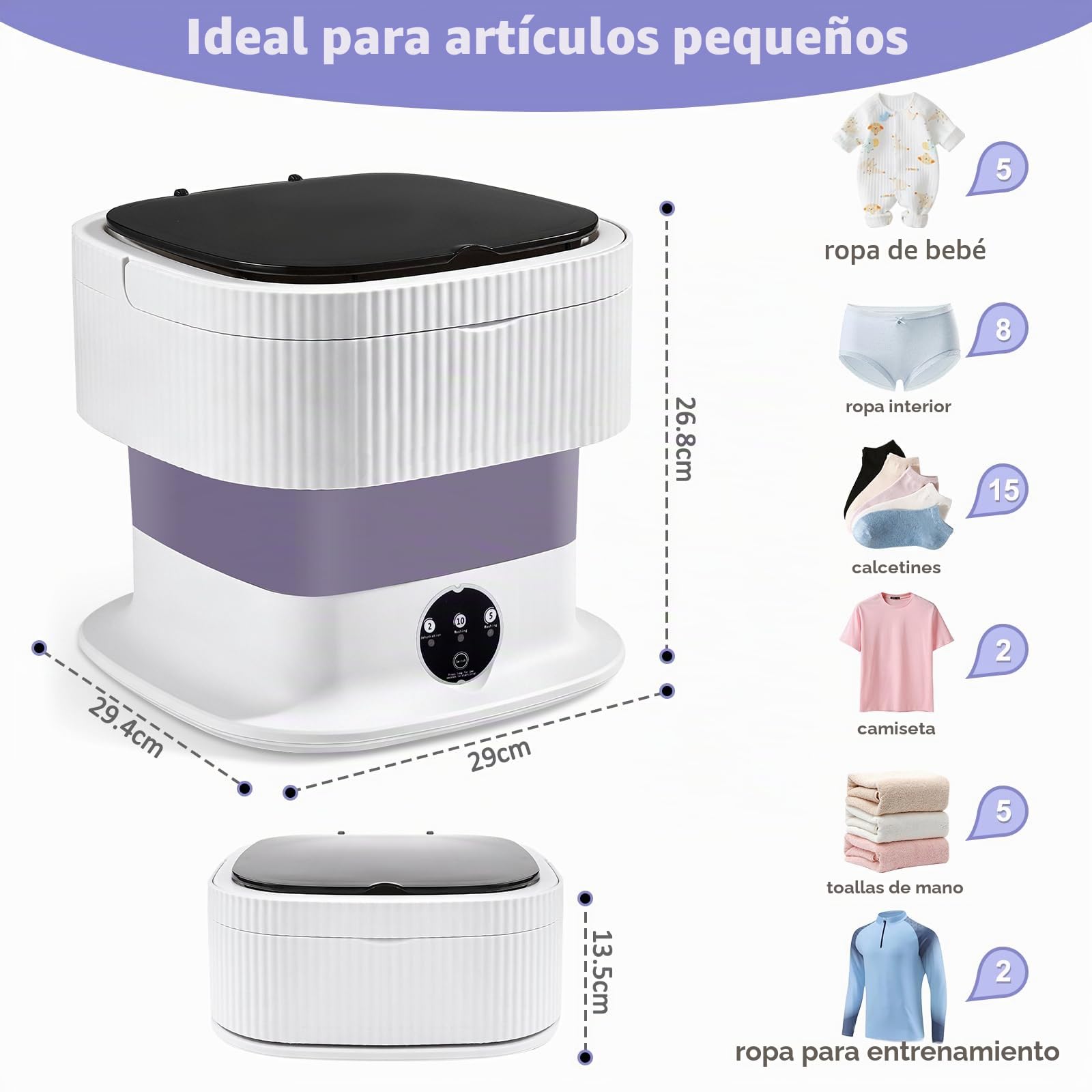 Mini Lavadora Portátil Plegable de 10L Lavadora Compacta, 3 Modos de Lavado | Cesta de Centrifugado Extraíble, Residencias de Estudiantes, Acampadas y Viajes