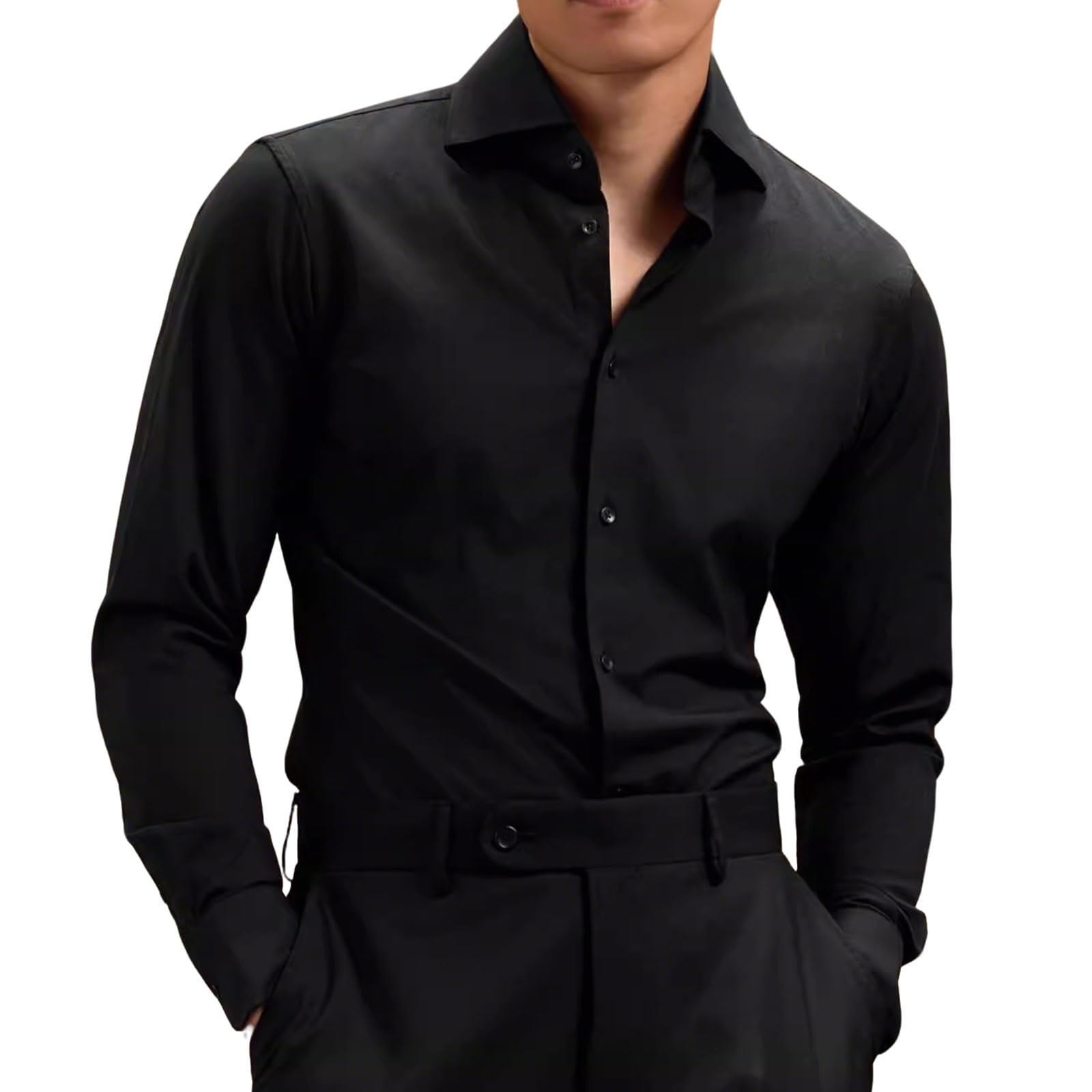 Camisa De Vestir De Hombre Sin Plancha, Camisa Negra De Manga Larga con Cuello Abierto, para Negocios & Bodas