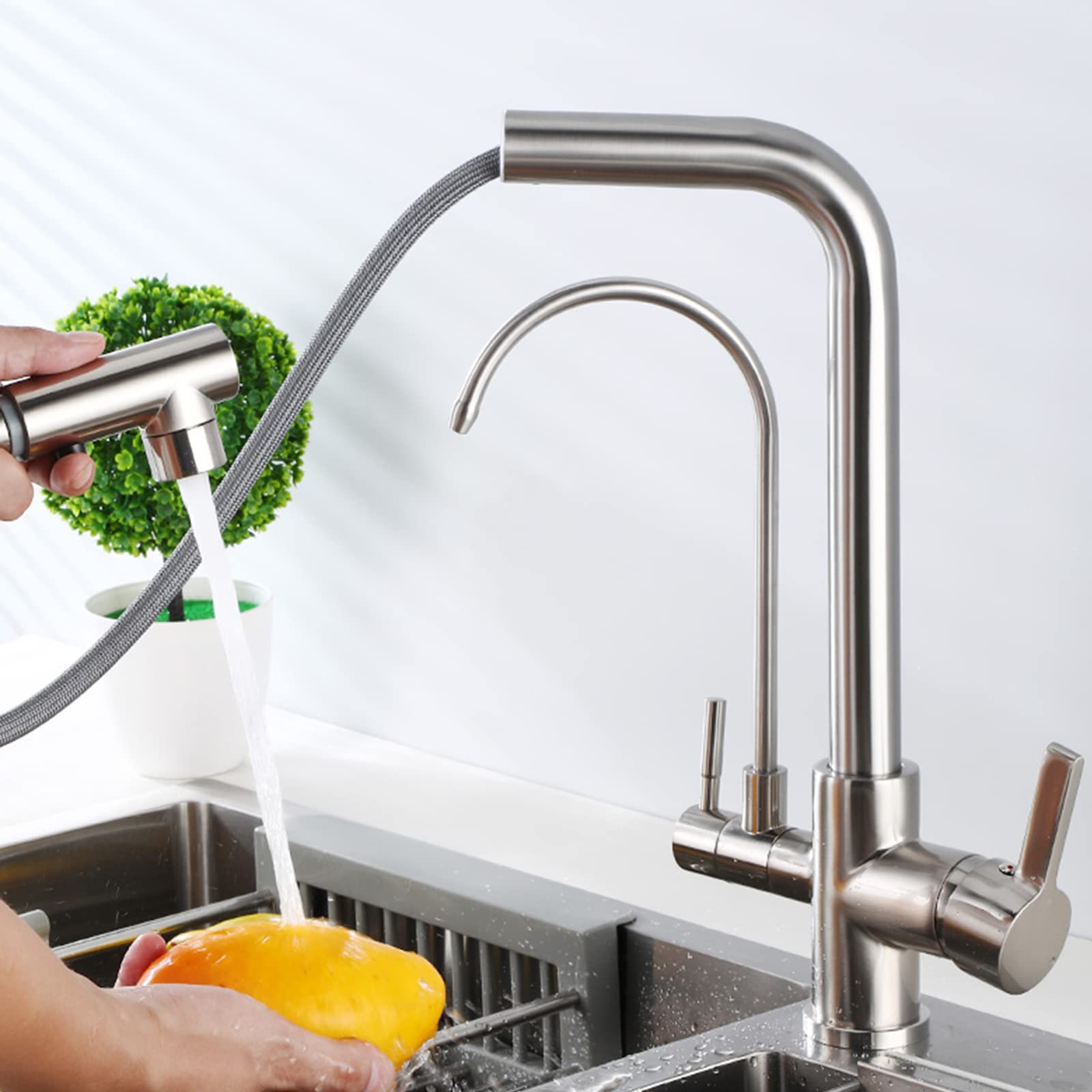 WDSOPK 3 way kitchen tap brass with pull out spray multifunction kitchen water purifier faucet brushed c (B A)