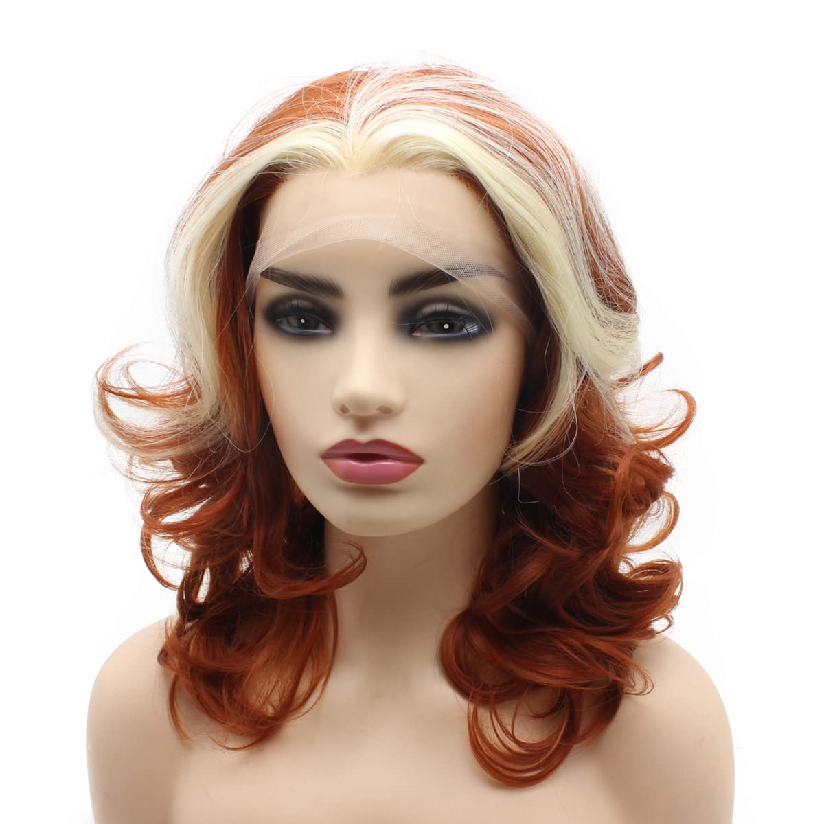 Peakia Shoulder Length Wavy Blonde Burgundy Half Hand Tied Lace Front Wig Synthetic