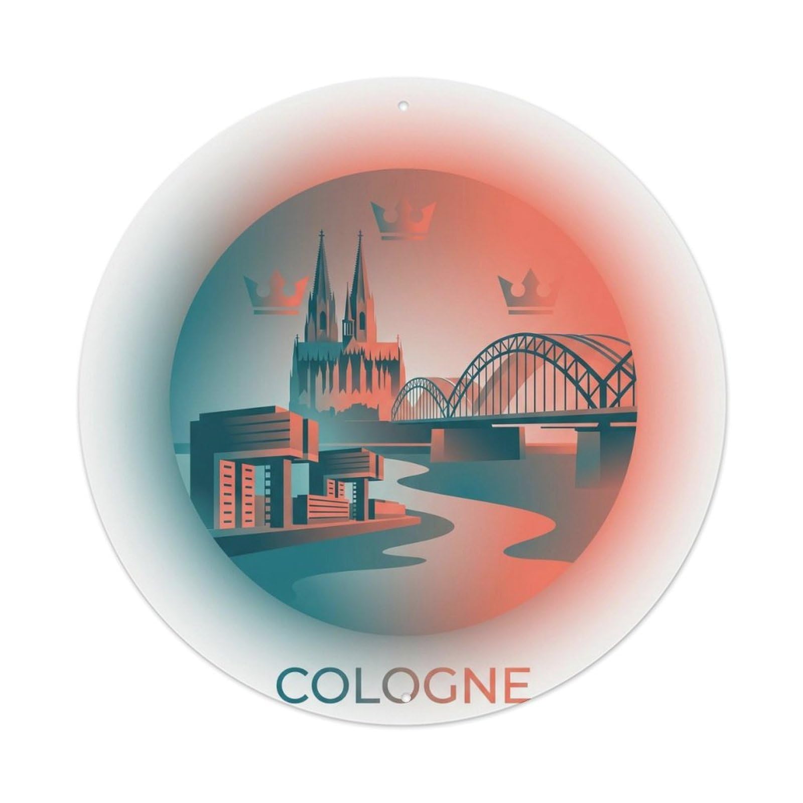 Cologne Cathedral Rhine Teal Coral Travel Map Duotone Metal Tin Sign Plaque Wall Decor for Cafe, Man Cave, Club Bar, Office, Home Garden Round Metal Poster 8x8Inch