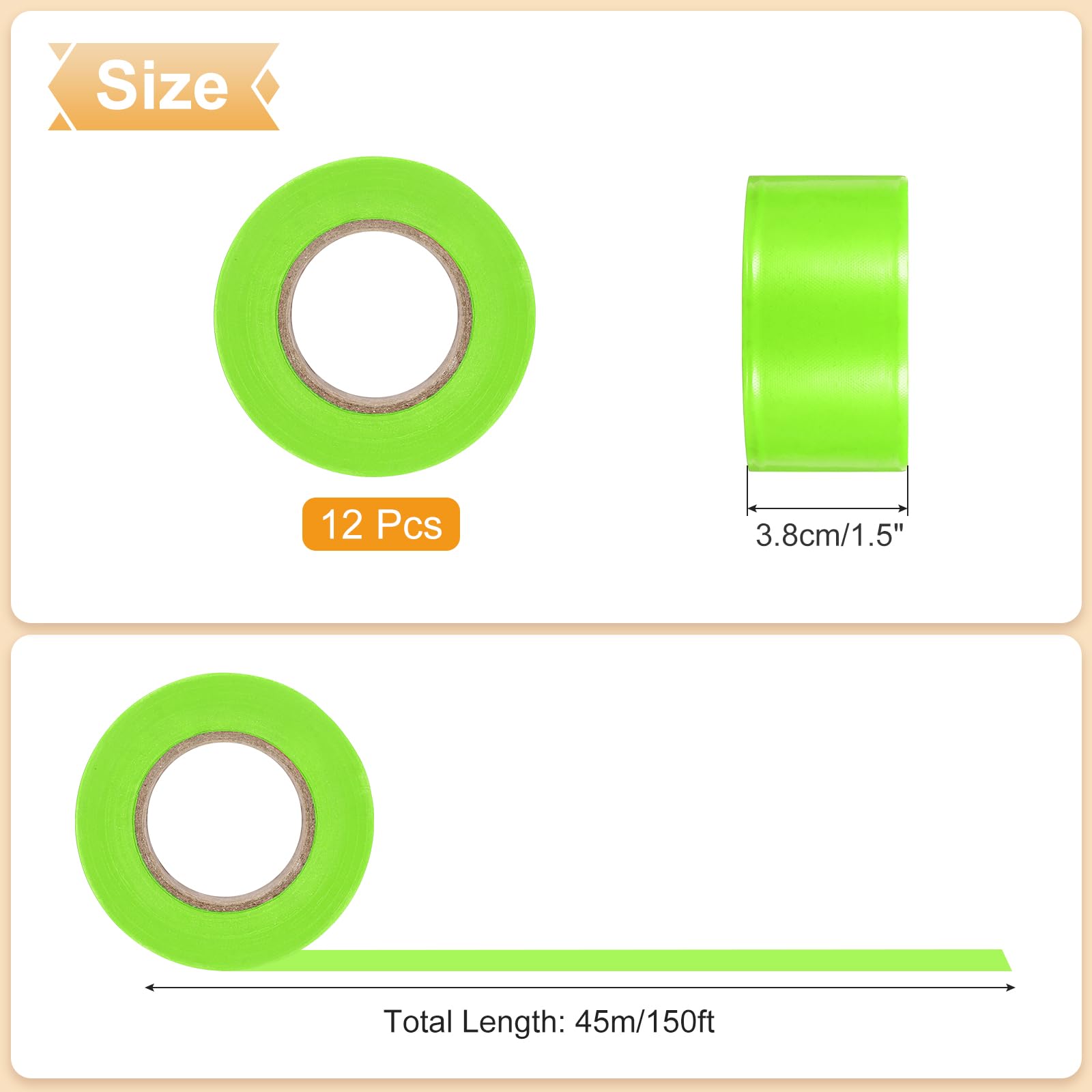 PATIKIL 12 Unidades Cinta De Señalización Fluorescente Verde, 1.5" X 150 Pies Cinta De PVC No Adhesiva Neon Para Marcaje De Árboles Y Senderos