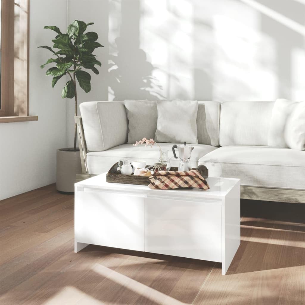 Table basse bois blanche brillante moderne 90 cm table d'appoint salon avec tiroirs