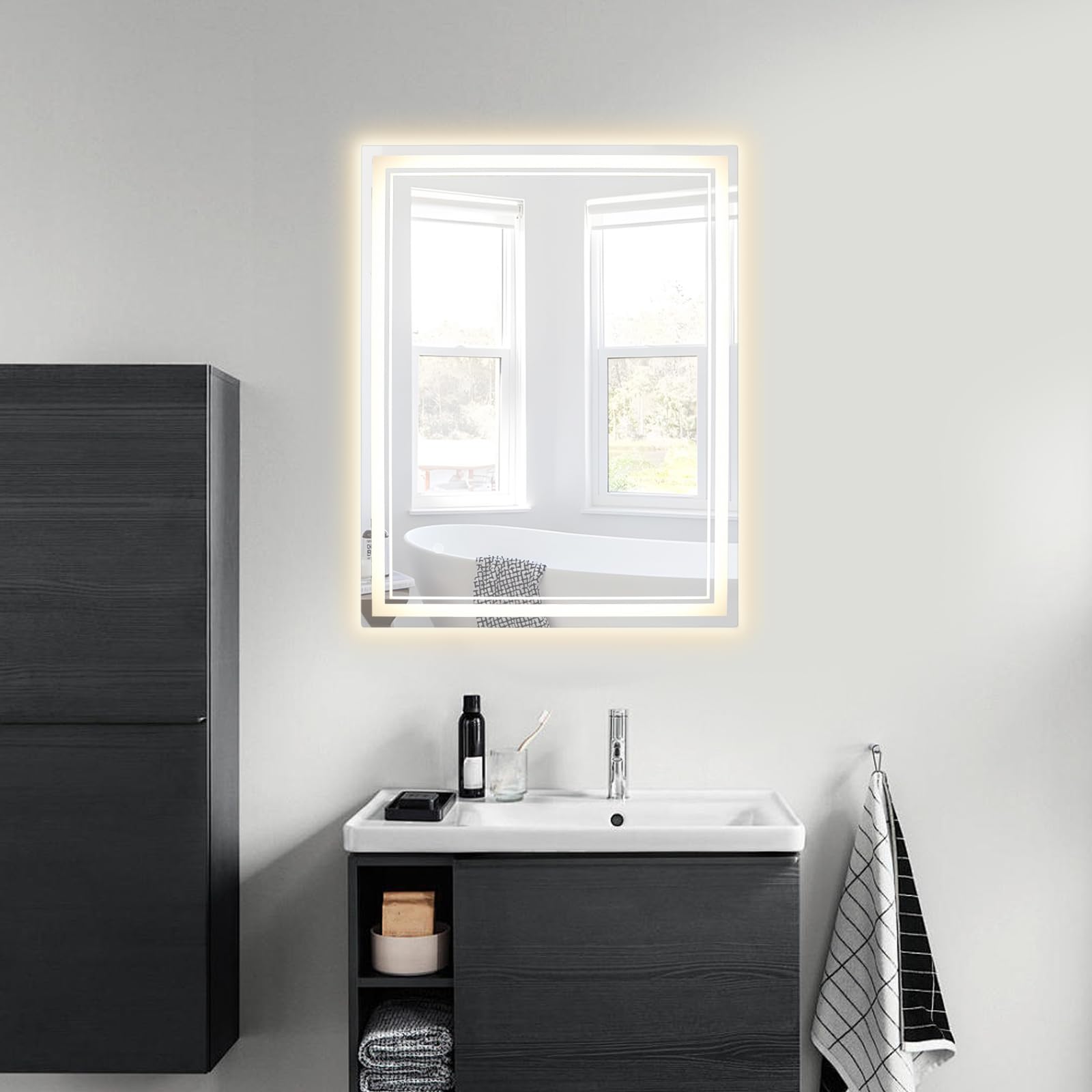 Espejo de baño LED, 70 x 90 cm, con iluminación, 3 modos de iluminación ajustables, montaje en pared, espejo de baño inteligente, sin empañamiento