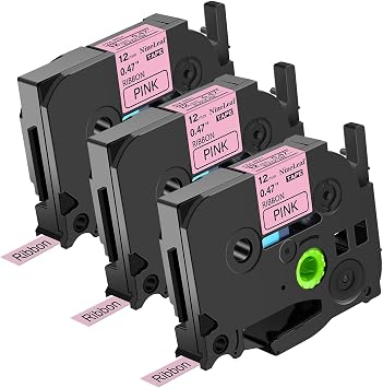 NineLeaf 3PK Compatible for Brother P-Touch Embellish TZe-RE31 TZeRE31 TZ-RE31 TZRE31 12mm 0.47 Black on Pink Satin Ribbon Tapes Fabric Label for PT-D450 PT-D400VP PT-D600 PT-D610BT Label Maker