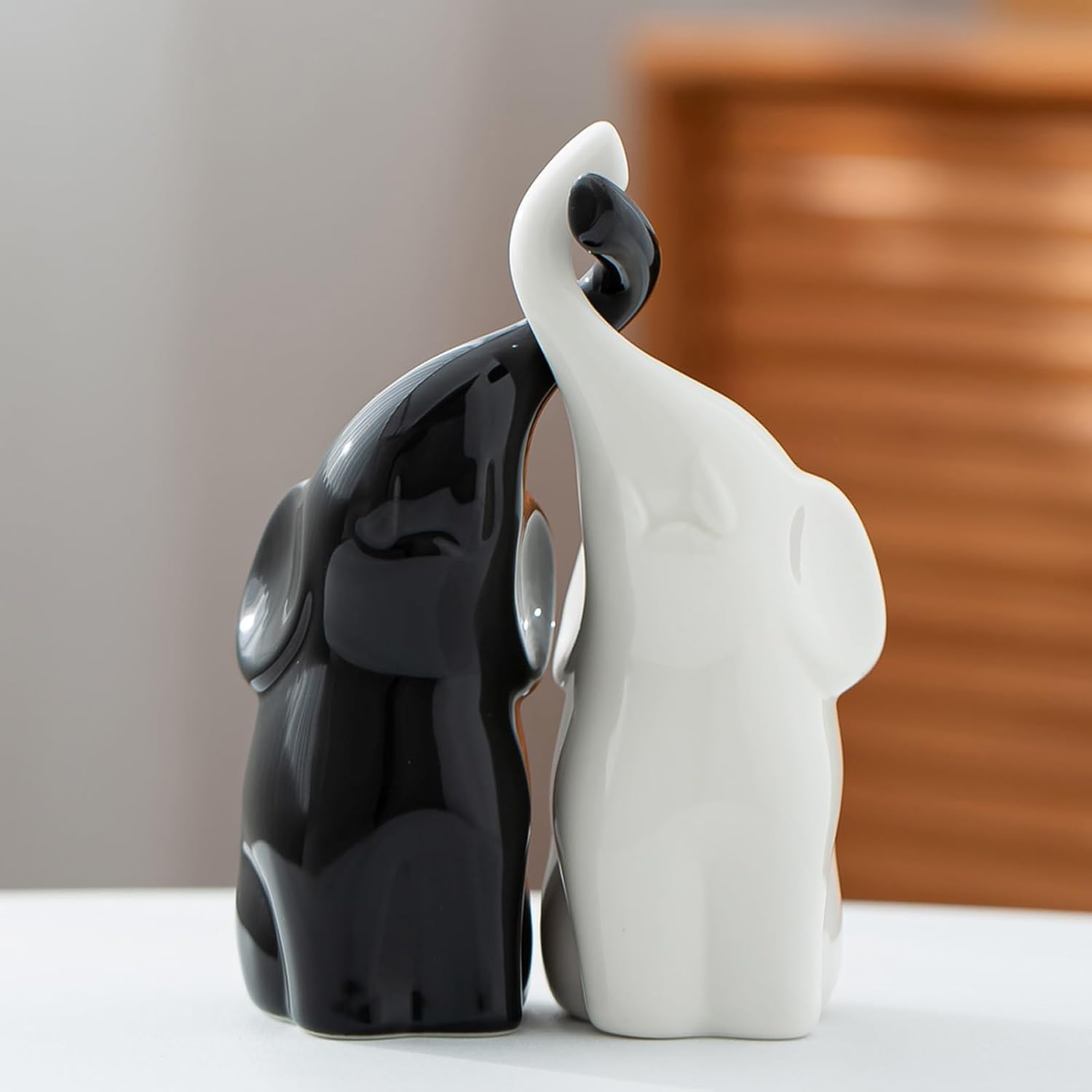 OwMell Set of 2 Loving Elephant Statue Figurine, 6" Ceramic