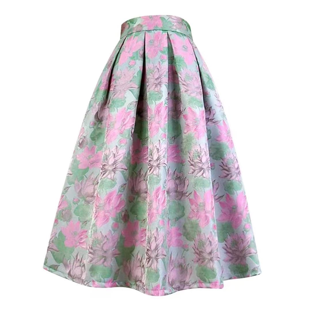 Summer Trendy Woman Vintage Social Elegant Blossom Embroidery High Waist Long Pleated Midi Skirt