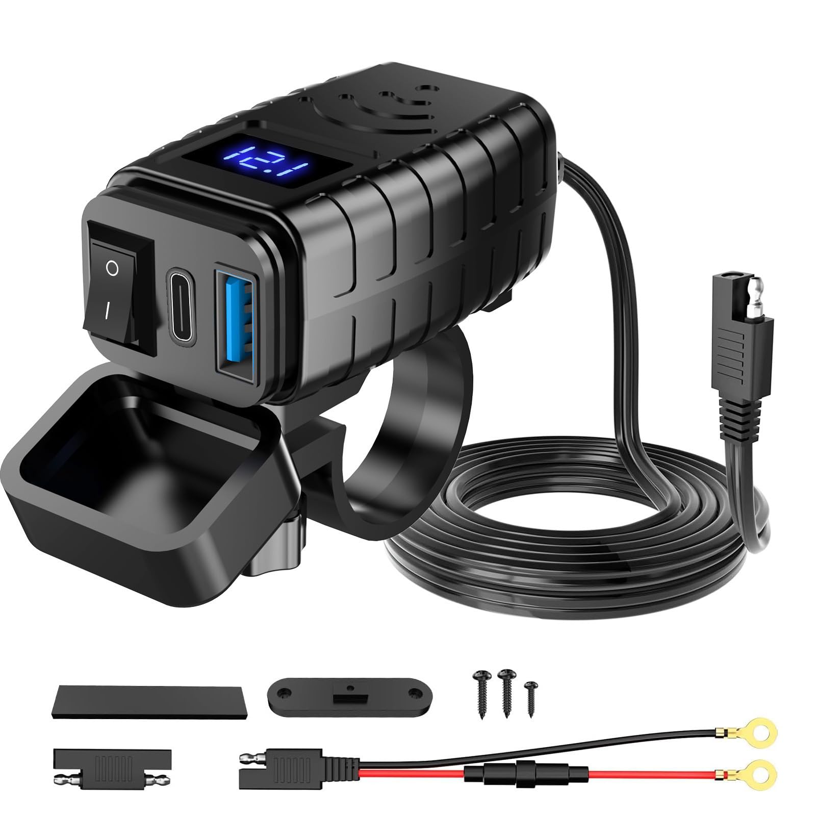 Chargeur USB Moto pour Z900 SE 2025-, avec Voltmètre LED et Interrupteur, PD3.0+QC3.0, Étanche Prise Chargeur, 12-24 V, Universel,Blue