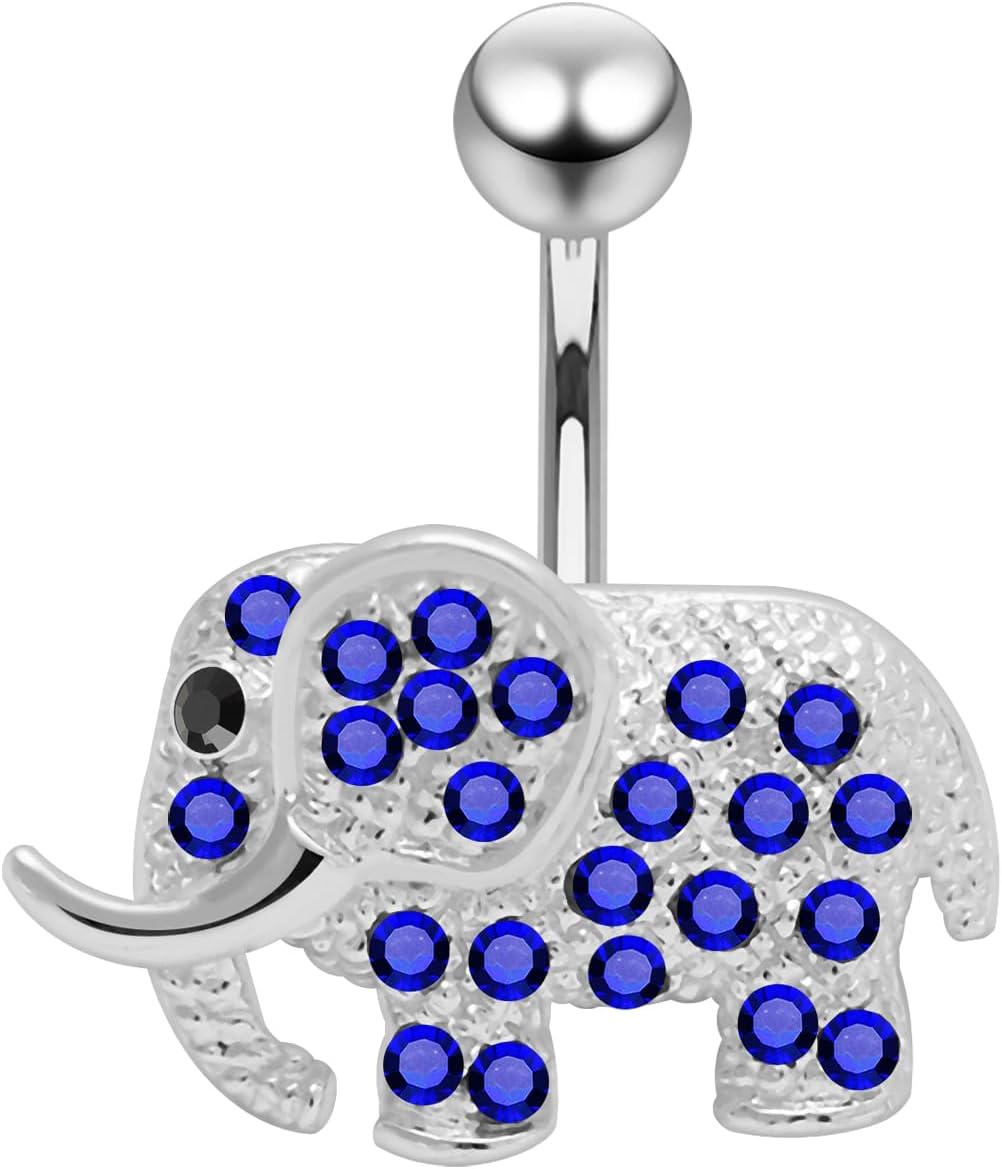 Multi Crystal Gemstone Fancy Elephant Design 925 Sterling Silver with G23 Grade Titanium Belly Ring - Belly Button jewelry - Navel jewelry