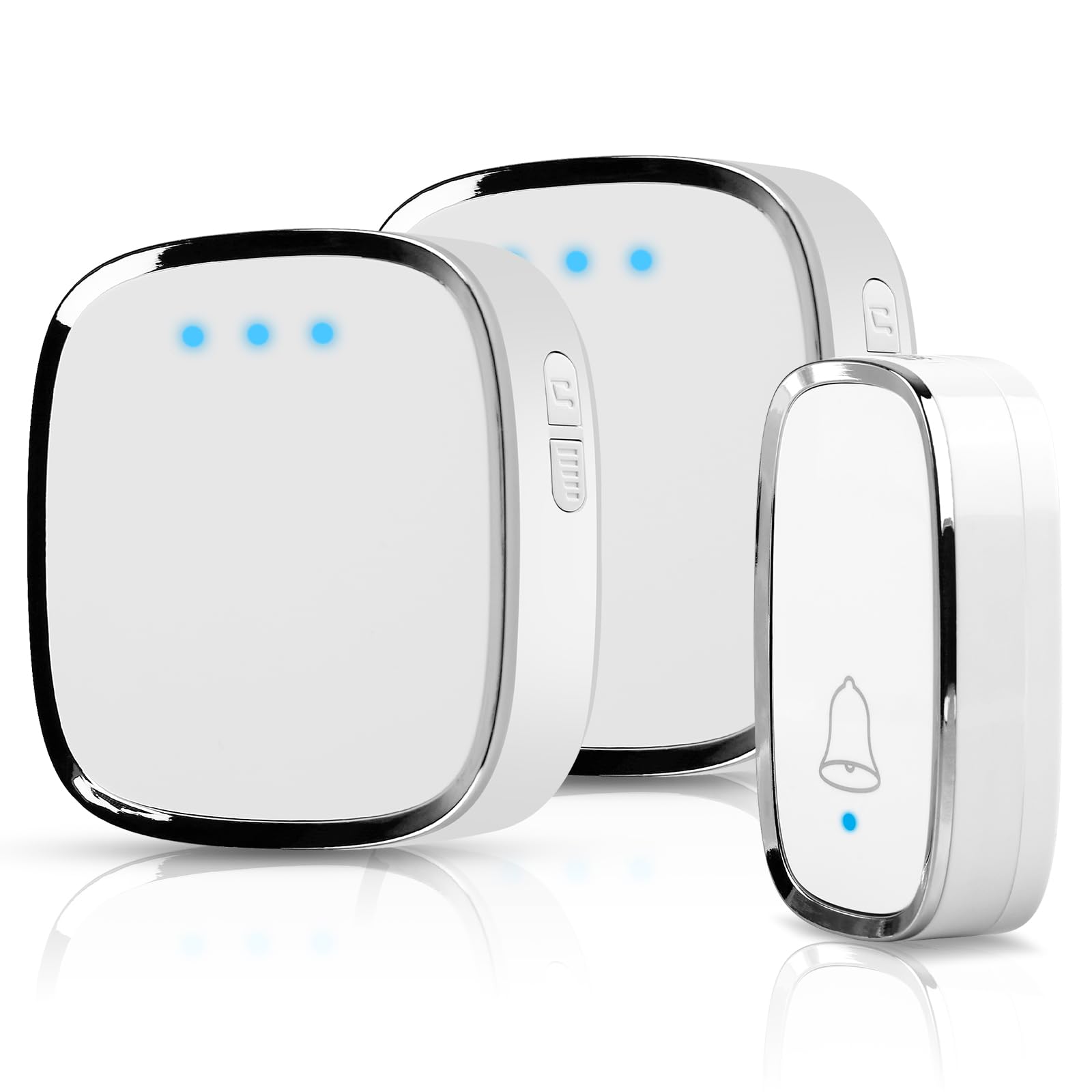 Timbre Inalámbrico Exterior Impermeable Casa: Timbre Inalámbrico Interior, Timbre Puerta, 1 Transmisor y 2 Receptores, Doorbell con Indicador LED, 58 Melodías, 5 Volumen, Alcance a 300m, Blanco