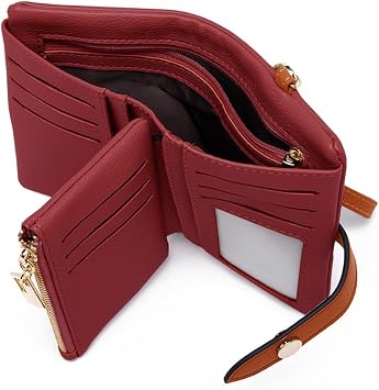 TOPKOOL Wallets for Women Small Bifold Rfid Leather Ladies Wallets,Compact Wristlet Womens Billfold,Trifold Card Holder with Multi Credit Card Slot Zipper Coin Pocket and Wrist Strap, Red, S, Vintage