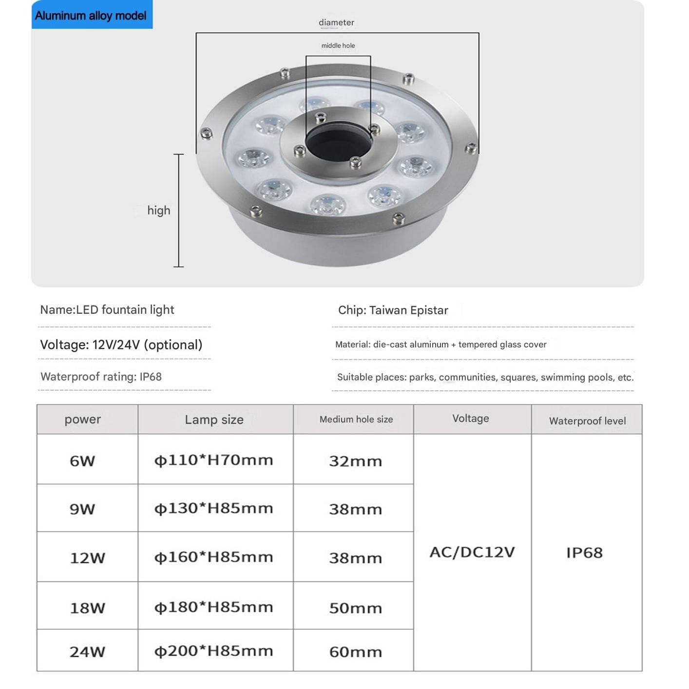 Luces Led para Estanque Subacuáticas para Exteriores Jardín Fiesta Fuente Sumergibles RGB para Piscina Ip68 Foco De Acero Inoxidable 9W Blanco Cálido 24 V