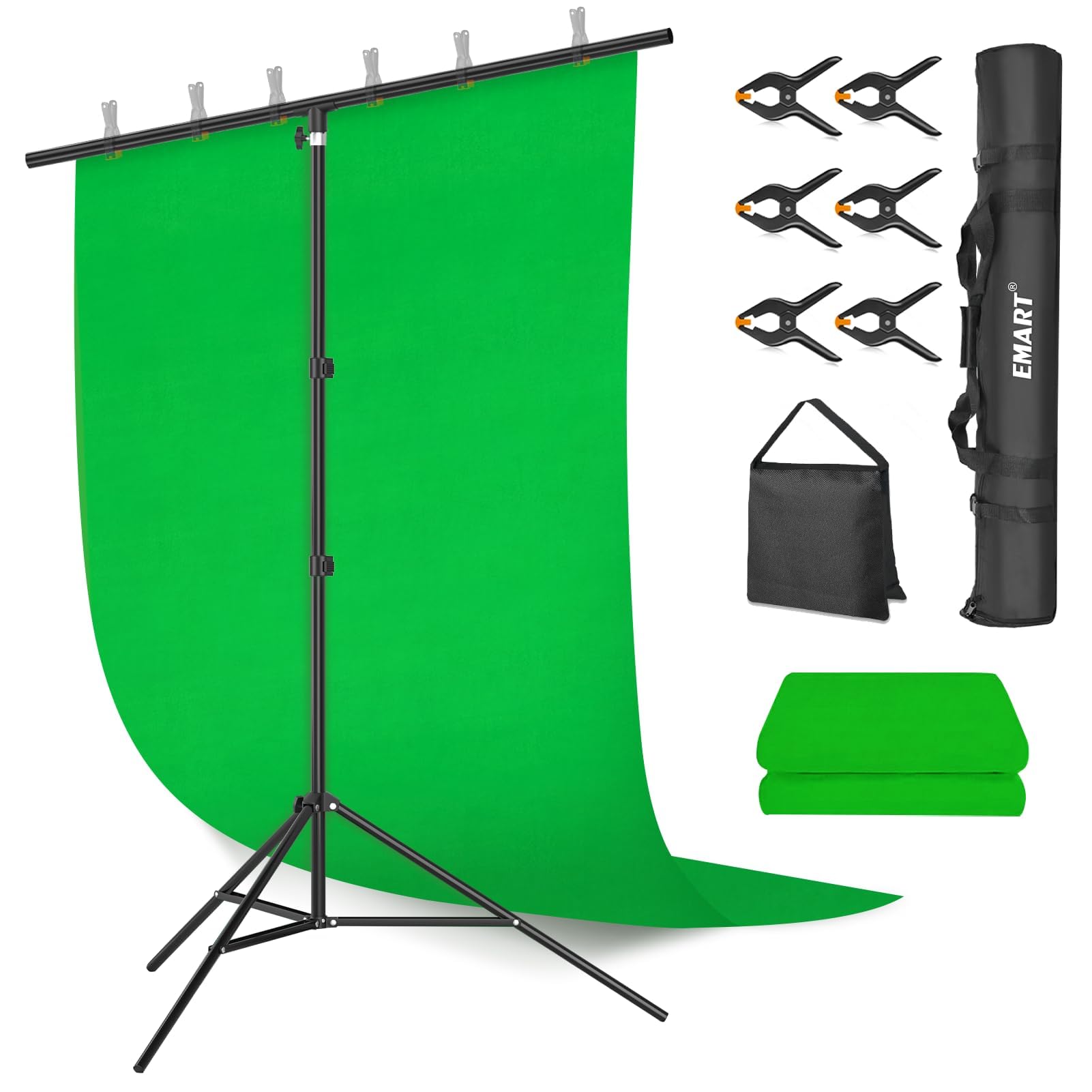 EMART Zwarte achtergrond met standaard 1,5 x 2,6 m, T-vormige achtergrondstandaard met zwarte achtergrond en 2 achtergrondklemmen voor streaming, foto-videostudio