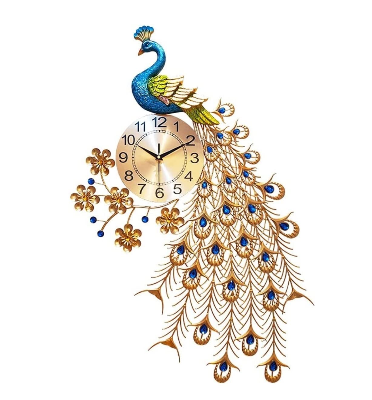 AZHKJKZH Wall Mounted Clock Metal Wall Clock Silent Non-Ticking Crystal Peacock Quartz Battery Operated Art Decorative For Living Room