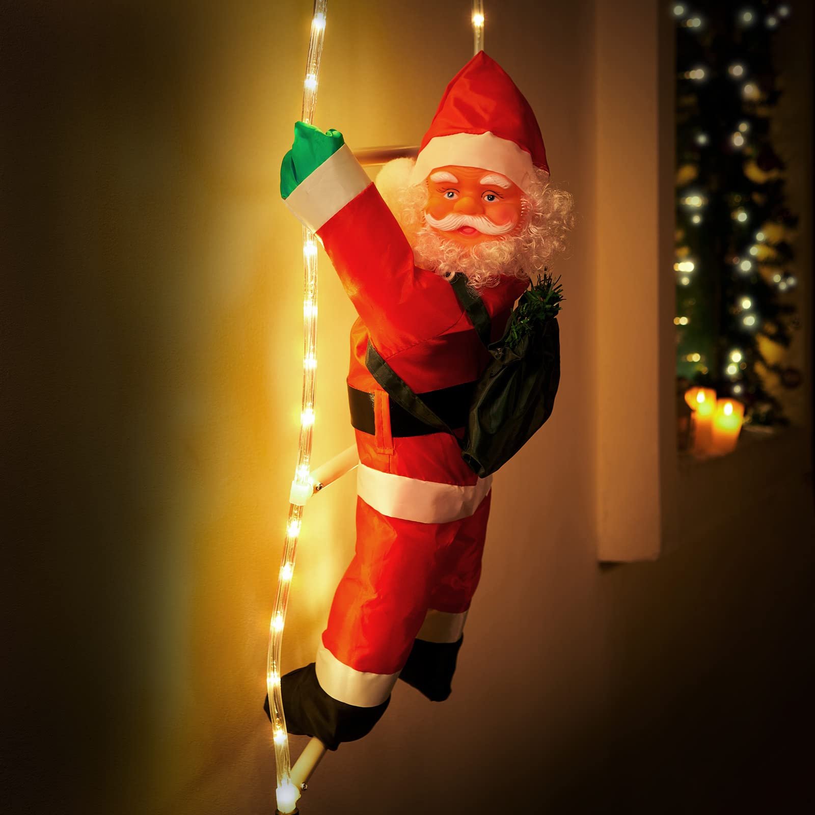 MONZANA® Babbo Natale con LED sulla Scala XL 90cm Timer 8 Modalità Luminose per Interni ed Esterni Decorazioni Natalizie