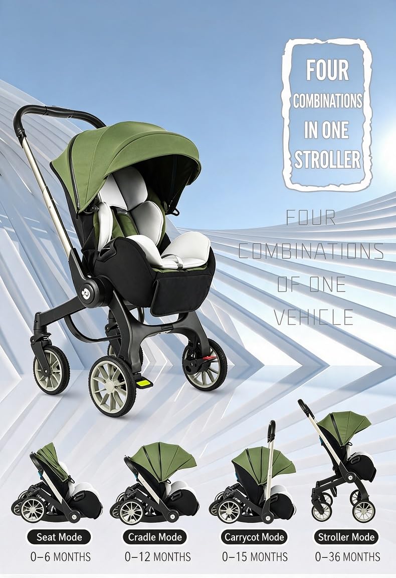 Passeggino Trio 4 in 1 Multifunzione，con Doppia Modalità Push Reversibile，Carrozzina per Neonati in Pieghevole，dalla Nascita a 22 kg（verde）