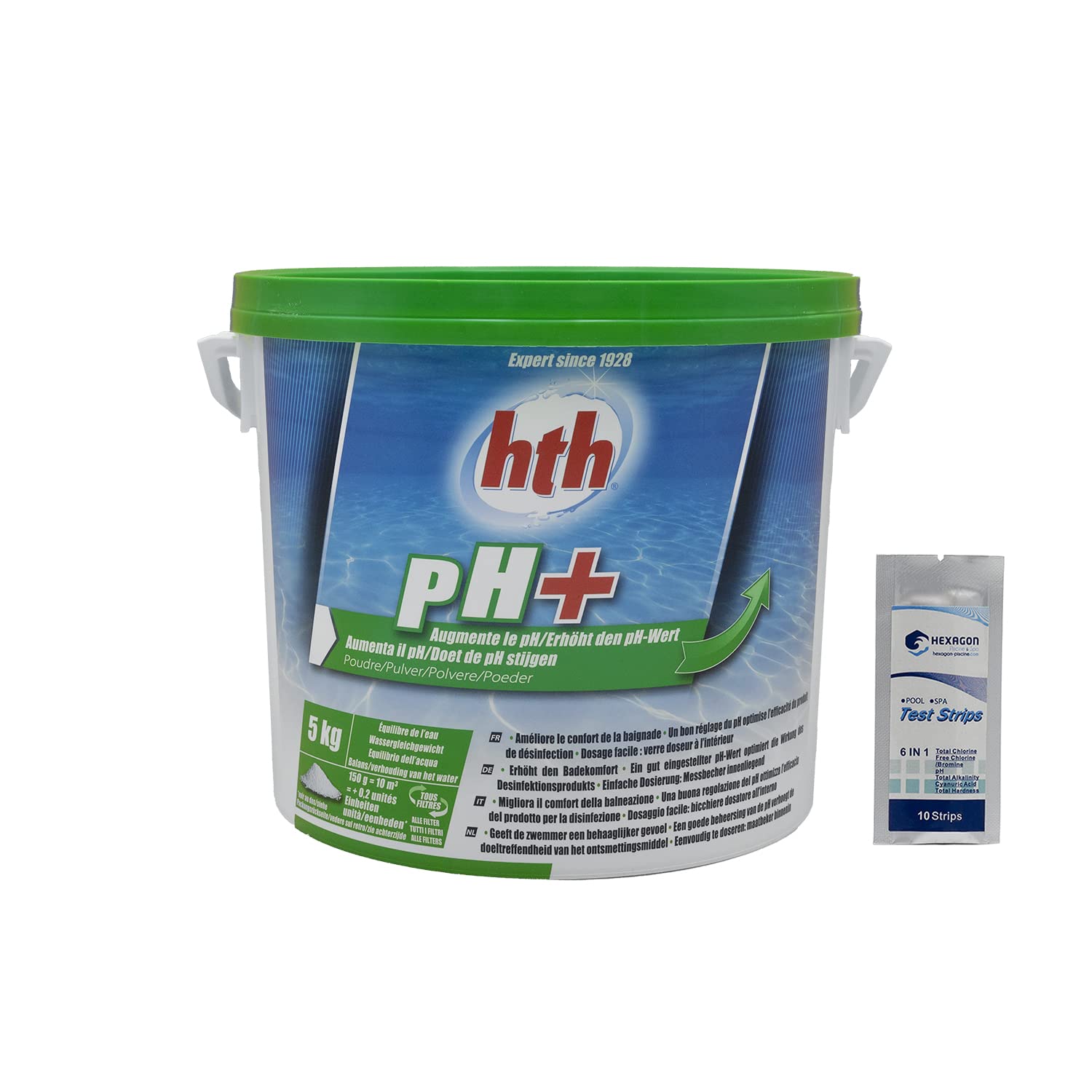 HTH pH Plus Poudre - 5kg | Correcteur de pH Solide - Augmente Le pH + 10 Tests HPS OFFERTS 6 en 1