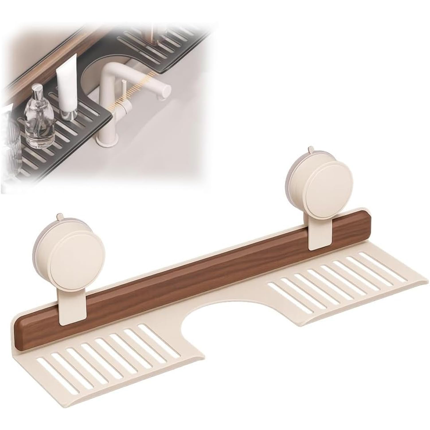 LZTET Walnut Suction Cup Bathroom Shelf,Wall Mounted Over Sink Faucet Rack