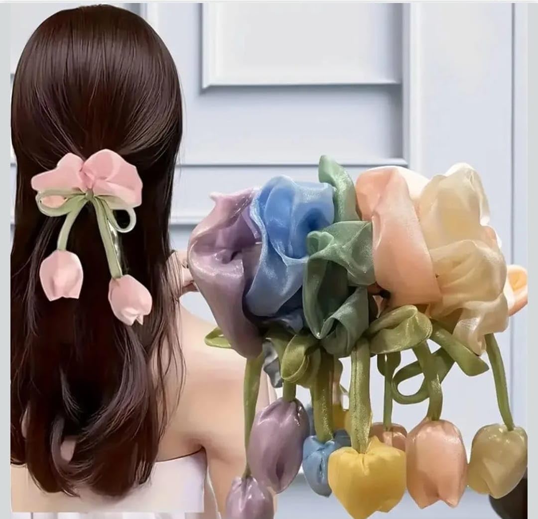 Floral Plush Hair Scrunchies for Women & Girls | Soft Velvet Flower Scrunchie Set | Korean Cute Hair Accessories for Ponytail & Bun | Stylish Rubber Band (tulip hair ties, Pack of 3)-image-16