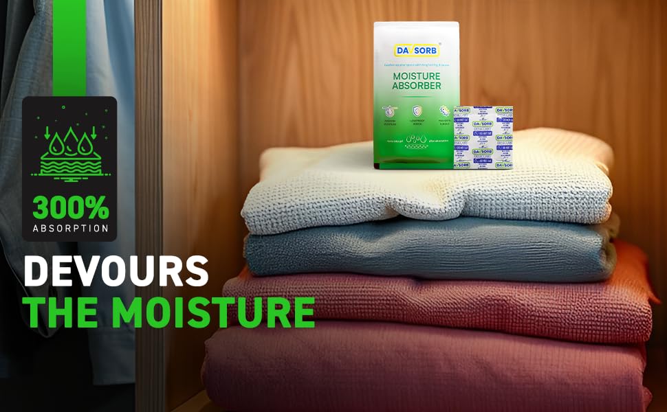 Image of DAVSORB Moisture Absorber Dehumidifier Packet - Combo Pack of 5gm x 40 sachets + 50gm x 5 sachets + 100gm x 3 Sachets - Prevent Fungus, Dampness & Musty Odour - Multisize, White Color