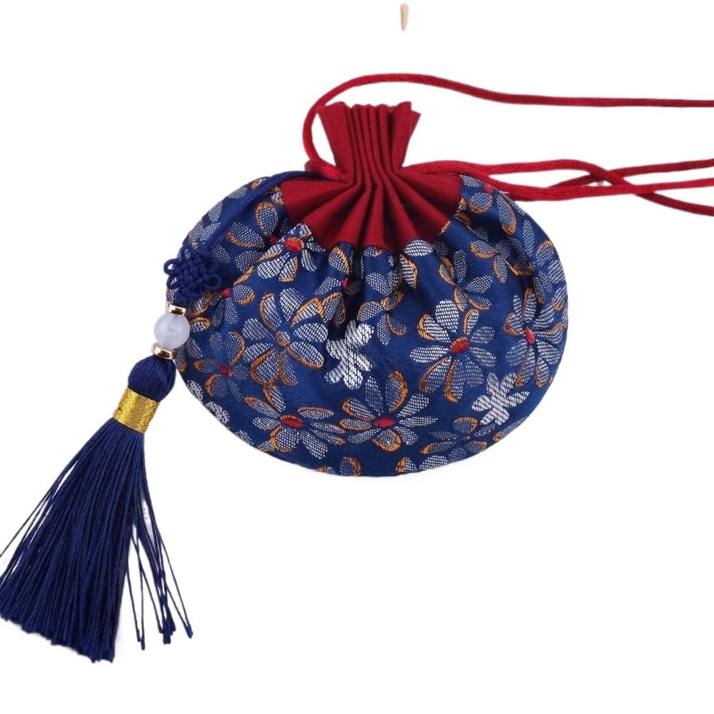 Etui na biżuterię w stylu vintage, Zestaw 4 wielokolorowych saszetek z biżuterią ze sznurkiem i woreczkami na monety(Dark Blue)