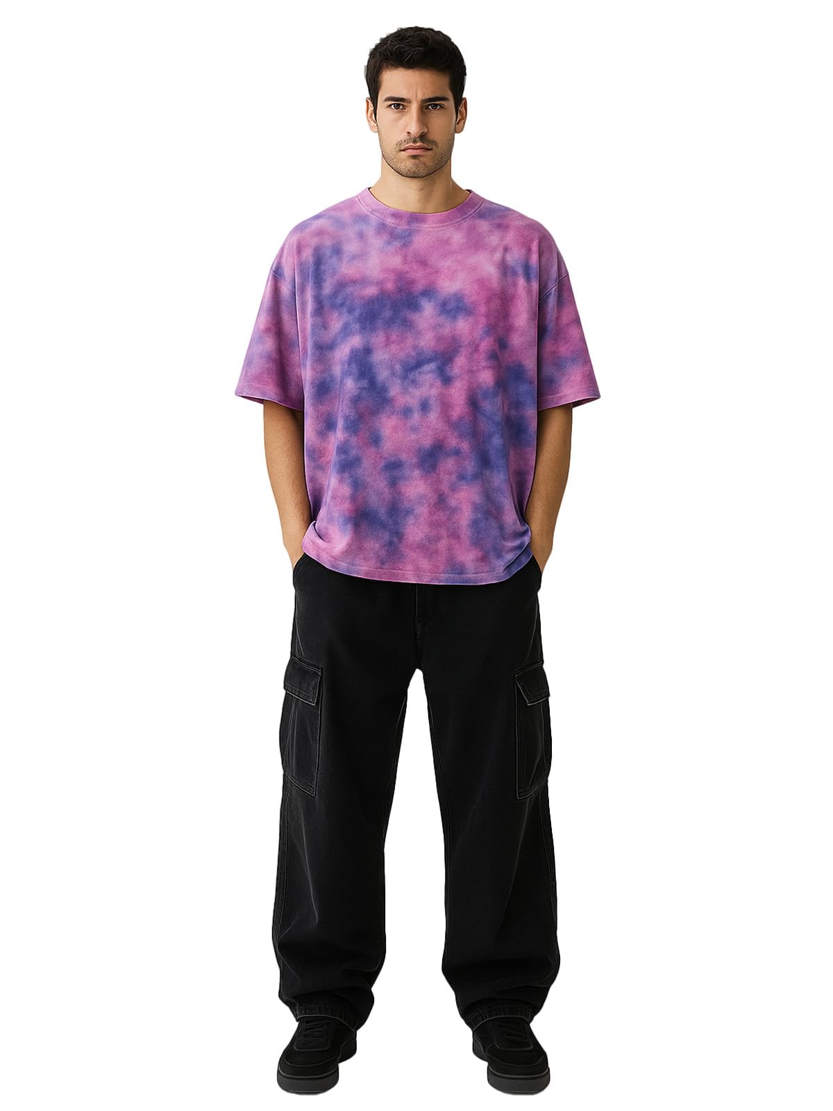 Veirdo T-shirt da uomo a mezza manica rotonda in 100% puro cotone oversize vestibilità ampia spalla goccia fresca e accogliente Tie & Dye rotonda mezza manica t-shirt per uomo (taglie: dalla S alla