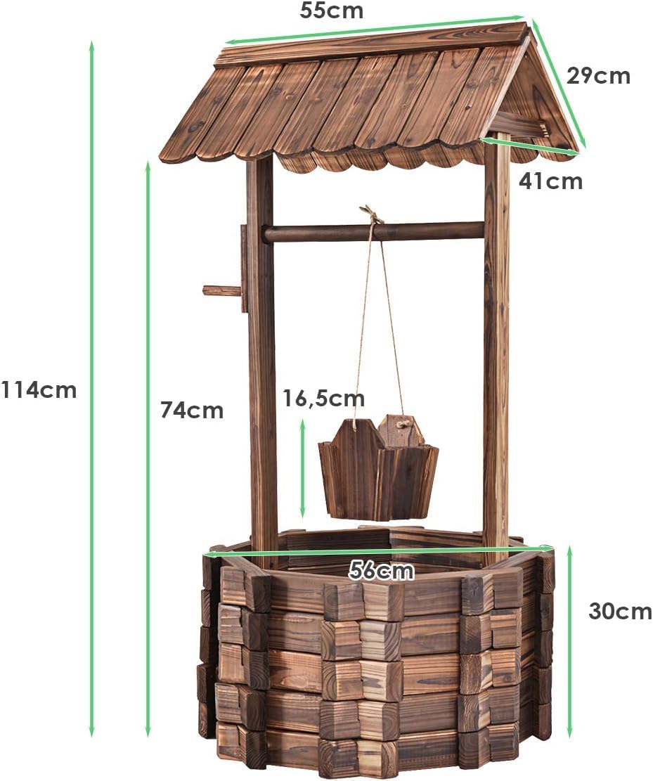 GOPLUS Pozo de Madera Decorativo, Jardinera de Exterior con Techo Clásico, Fuente Decorativa con Cubo Colgante y Amplio Lecho de Plantación
