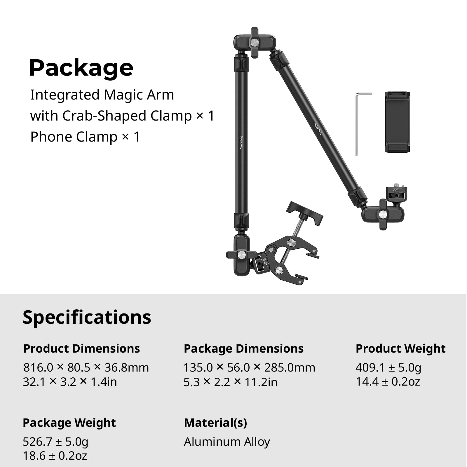 SMALLRIG Ramię Magic Arm 22,4" z zaciskiem Super Clamp, uchwyt na telefon nad głową, elastyczny uchwyt na biurko ze śrubą 1/4" i zaciskiem kablowym, maks. obciążenie 2,2 funta, do iPhone'a - 5625