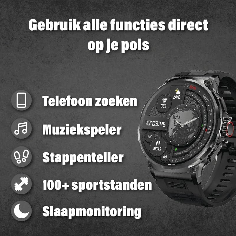 SWZEC Zeus Smartwatch displaying various functions including phone finder, music player, pedometer, sports modes, and sleep monitoring.