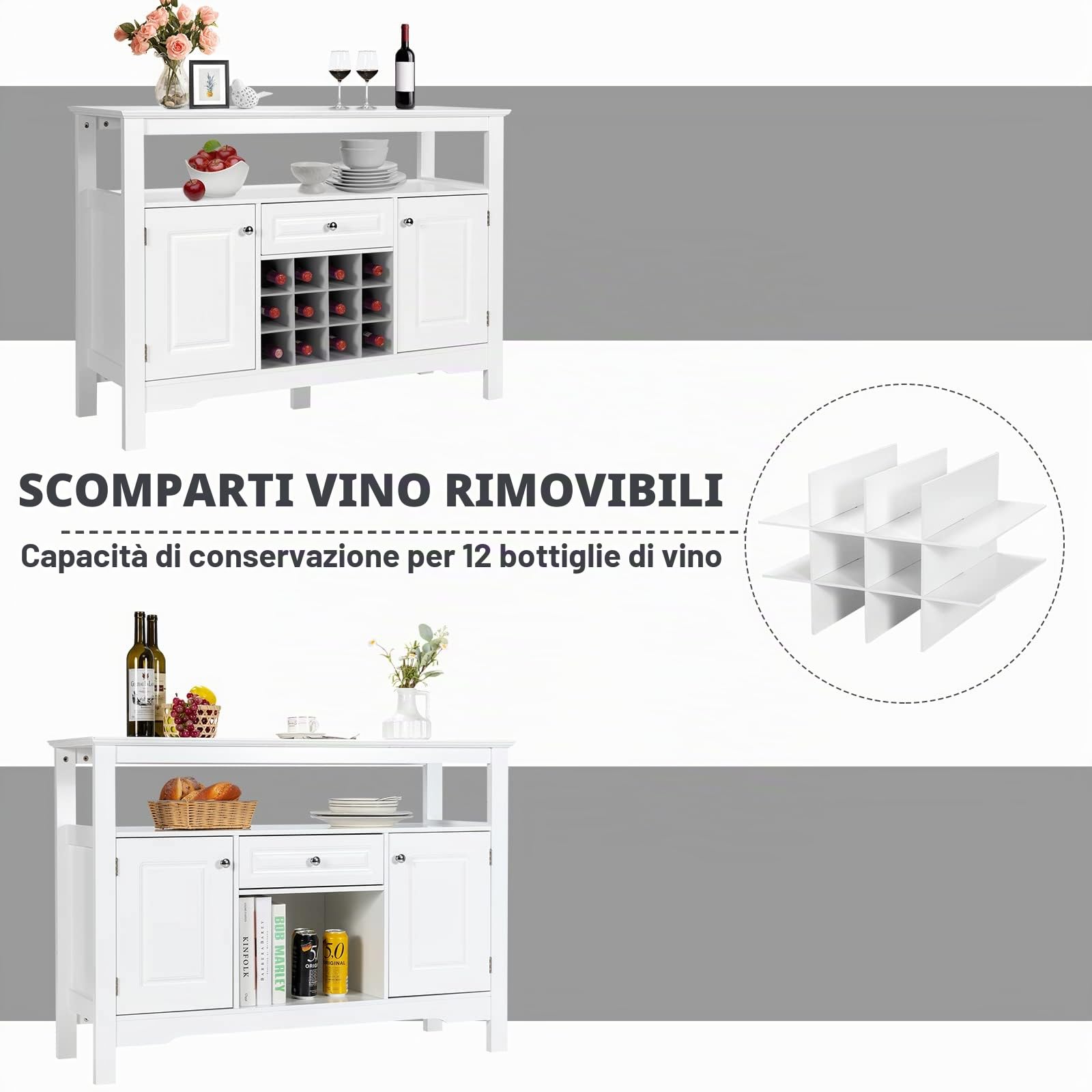 GIANTEX Tavolo Portabottiglie, 2 Ripiani, 12 Bottiglie, Cantinetta con 1 Cassetto e 2 Ante, Portabottiglie per Conservare ed Esporre il Vino, 116x40x82cm, 3 Colori (bianco)