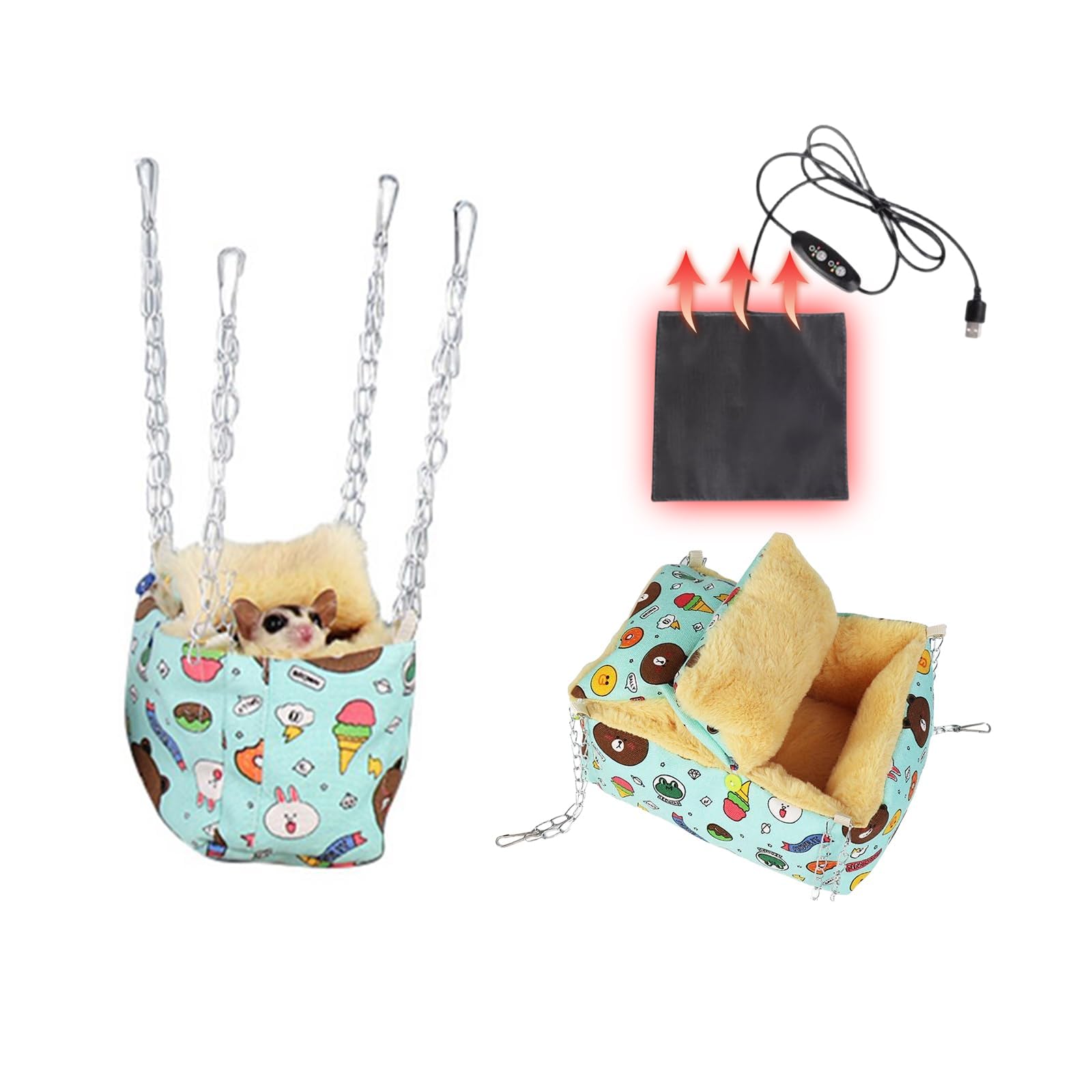 MANON ROSA Hamster Hideout Winter Bed - Cozy Pet Cage Accessory Heating Pad &amp; Hanging Hammock Small Animals Syrian Sugar Gliders Chinchillas Squirrels Guinea Pigs Rats Rectangular Blue M