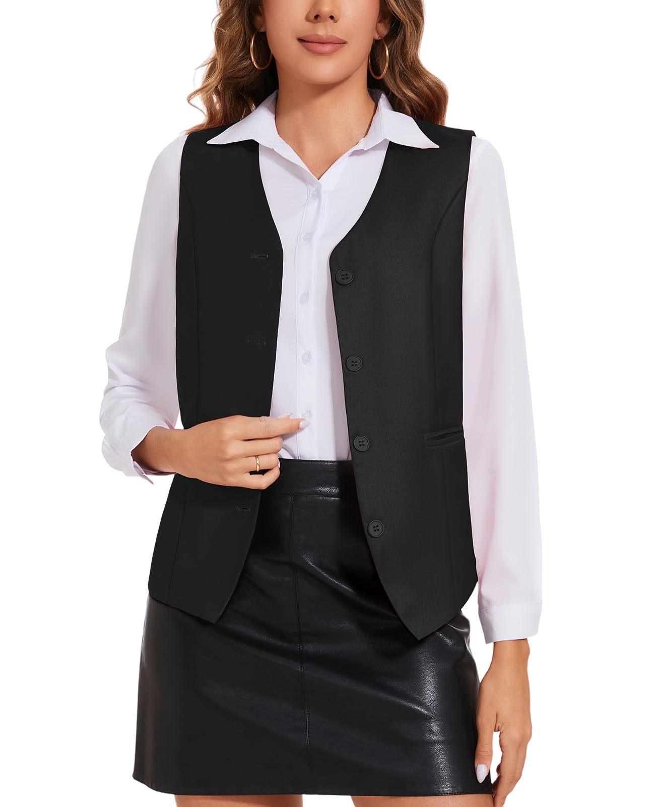 Gilet da donna, completamente foderato, con scollo a V, abbottonato, formale, aderente, con tasche